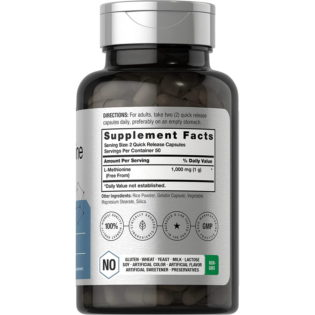 Horbäach L-Methionine 1000Mg | 100 Capsules | Non-Gmo, Gluten Free | Free Form Supplement