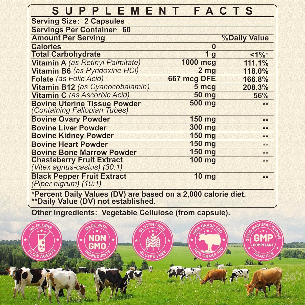 Beef Organ Supplement for Women - Beef Liver, Kidney, Heart, Uterus Tissue, Ovary | Supports Women'S Overall Energy and Wellness | Grass Fed, Pasture Raised in New Zealand, 120Ct,1P