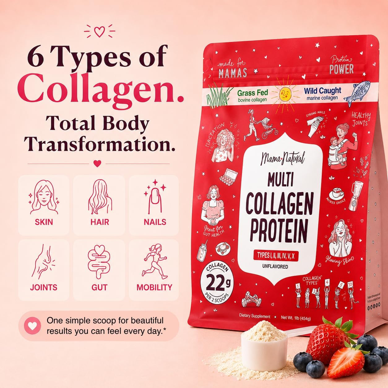 Multi Collagen Protein Powder Type I II III IV V X - Unflavored & Hydrolyzed 16Oz Pure Collagen Peptides Powder - Grass Fed Beef, Wild Fish Marine & USA Eggshell - Whole Body Collagen