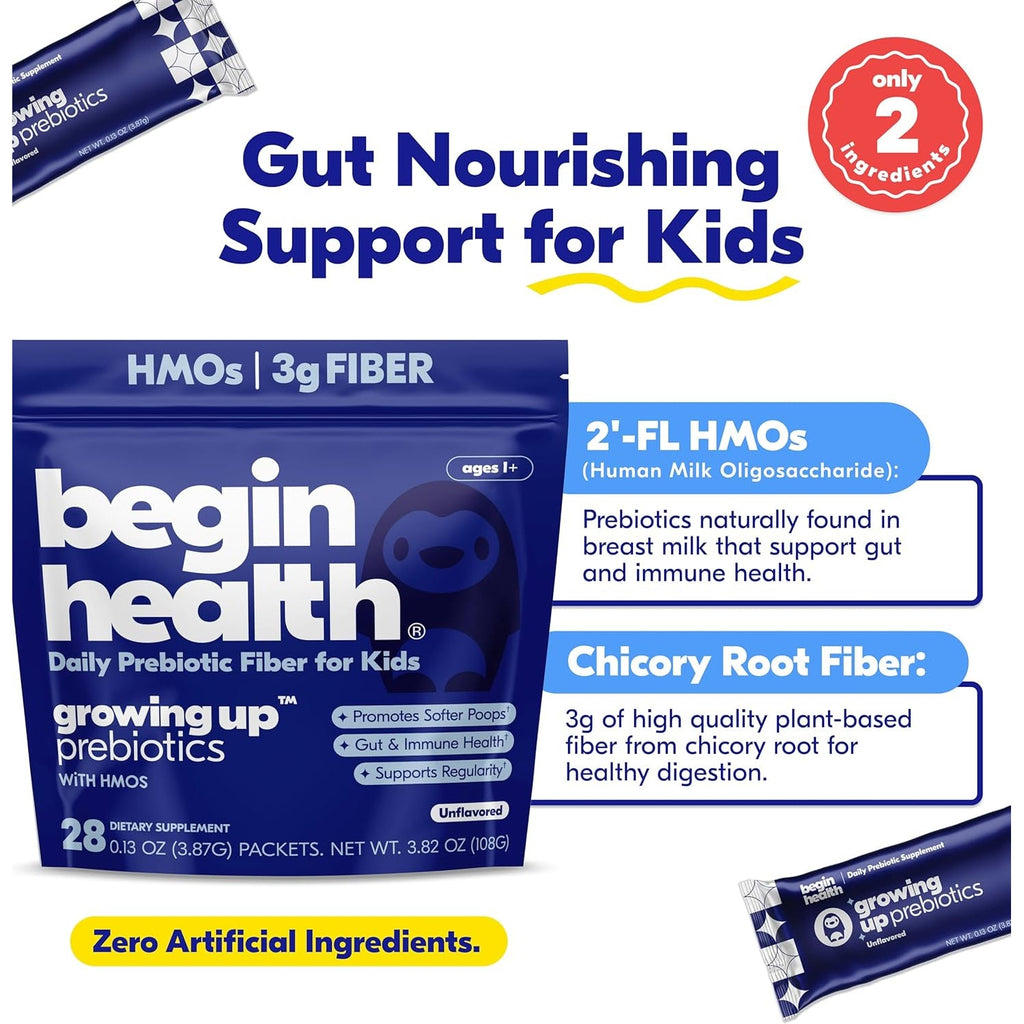 Begin Health Growing Up® Prebiotics for Kids 28-Packs | Prebiotic Soluble Powder Stool Softeners & Digestive Gut Health Supplement | Ideal to Mix with Kids Daily Beverages and Soft Foods - Unflavored