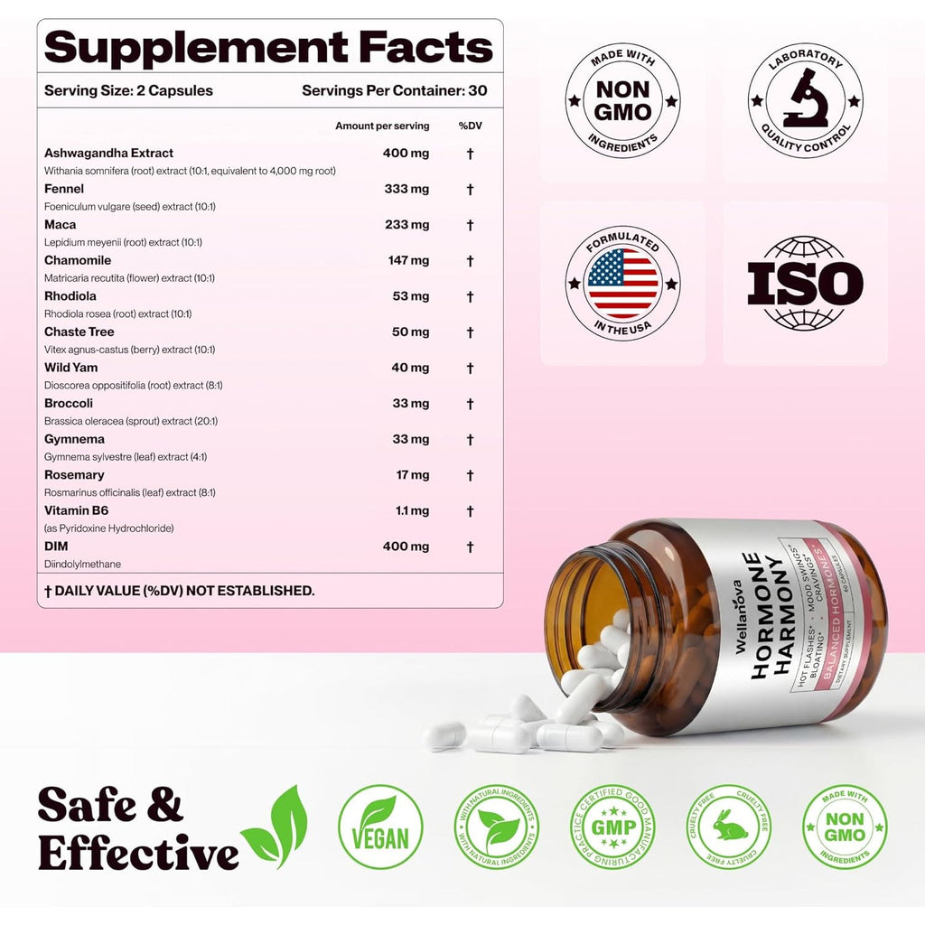 Hormone Harmony for Women – Natural Hormonal Balance Support for Menopause & Perimenopause – Hot Flashes, Mood Swings, Cravings, Bloating Relief – 60 Capsules