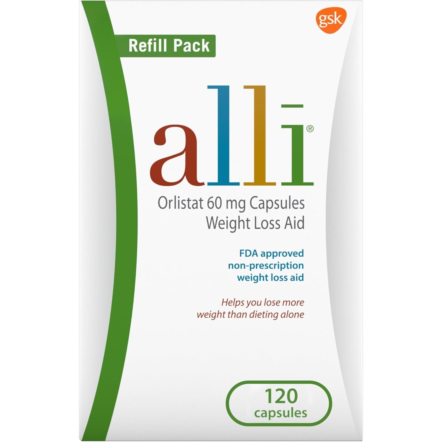 Alli Weight Loss Diet Pills, Orlistat 60 Mg Capsules, Non Prescription Weight Loss Aid, 120 Count Refill Pack