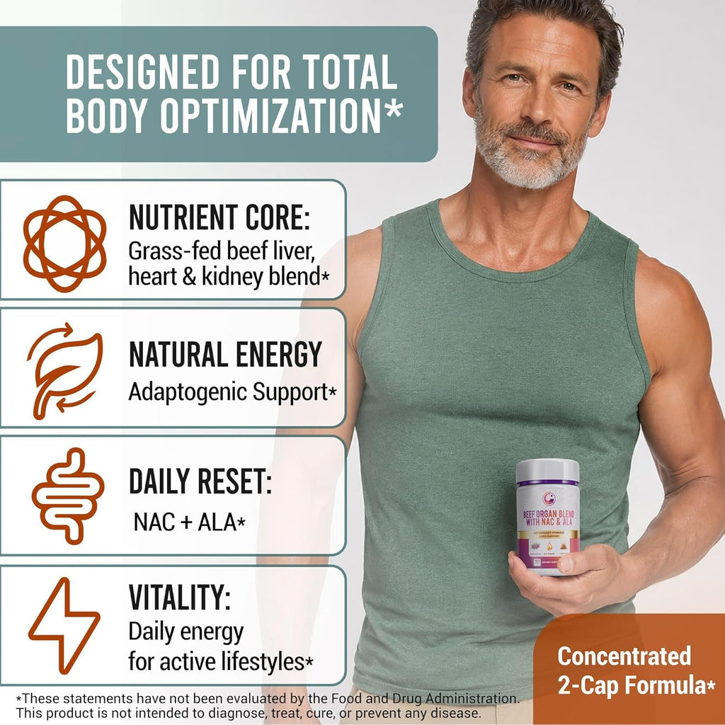 LEGRANO Grass Fed Beef Liver Capsules with Beef Heart, Kidney, NAC, ALA & Milk Thistle – Desiccated Organ Supplement for Men & Women – Supports Energy, Detox, Liver & Immune Health – 60 Capsules