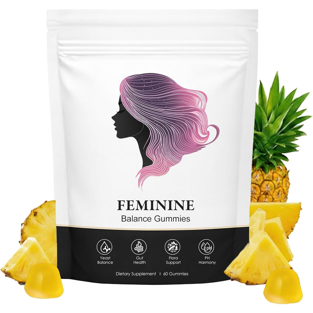 Feminine Balance Gummies, Premium Feminine Balance Gummies, Vegan Hawaiian Pineapple, Vaginal Health Support, Gluten-Free, 60 Gummies (1)