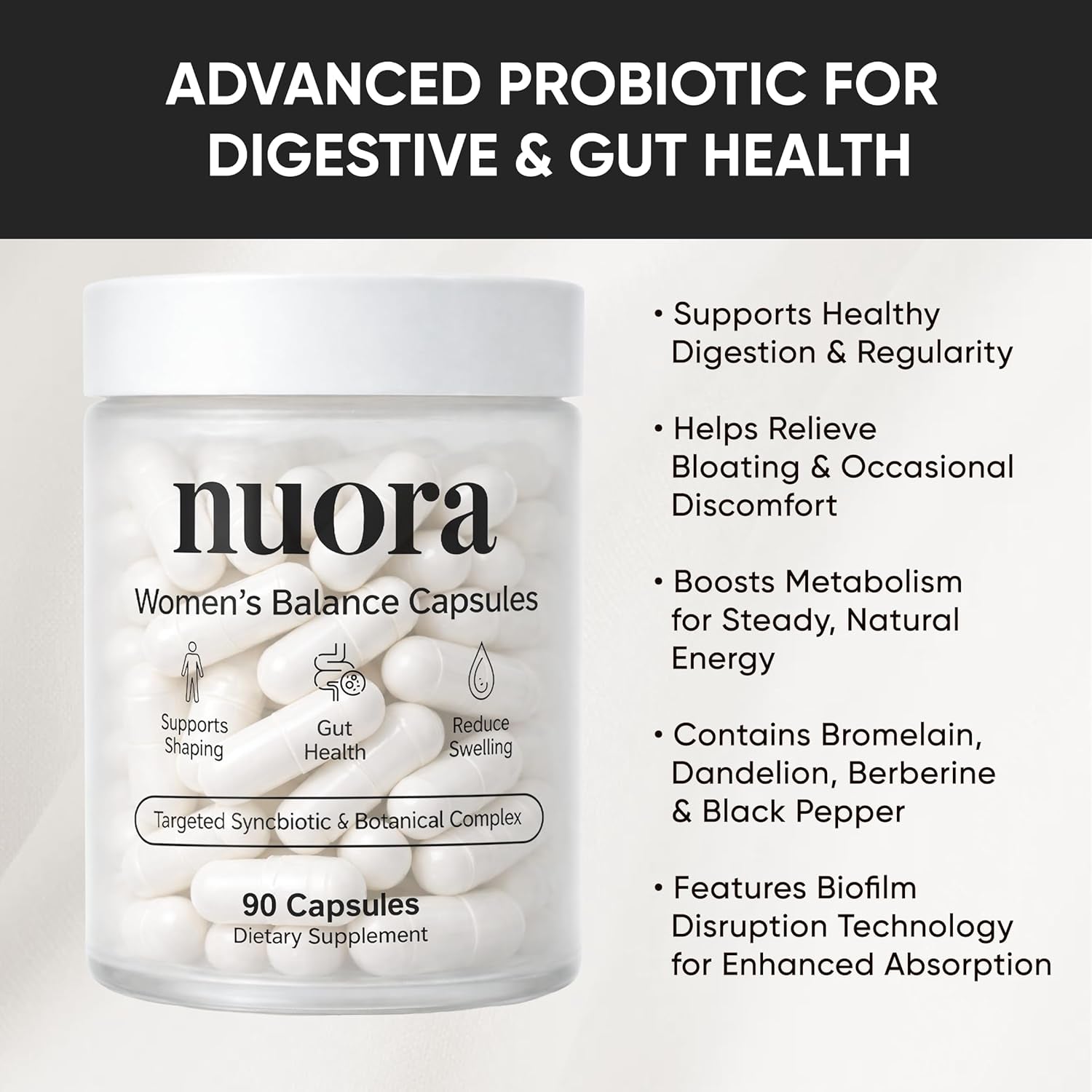 Nuora Biofilm Probiotic - Supports Digestive & Gut Health with Bromelain, Dandelion, Berberine & Black Pepper Extract - Helps Soothe Bloating, Boost Metabolism & Provide Steady Energy, 90 Count
