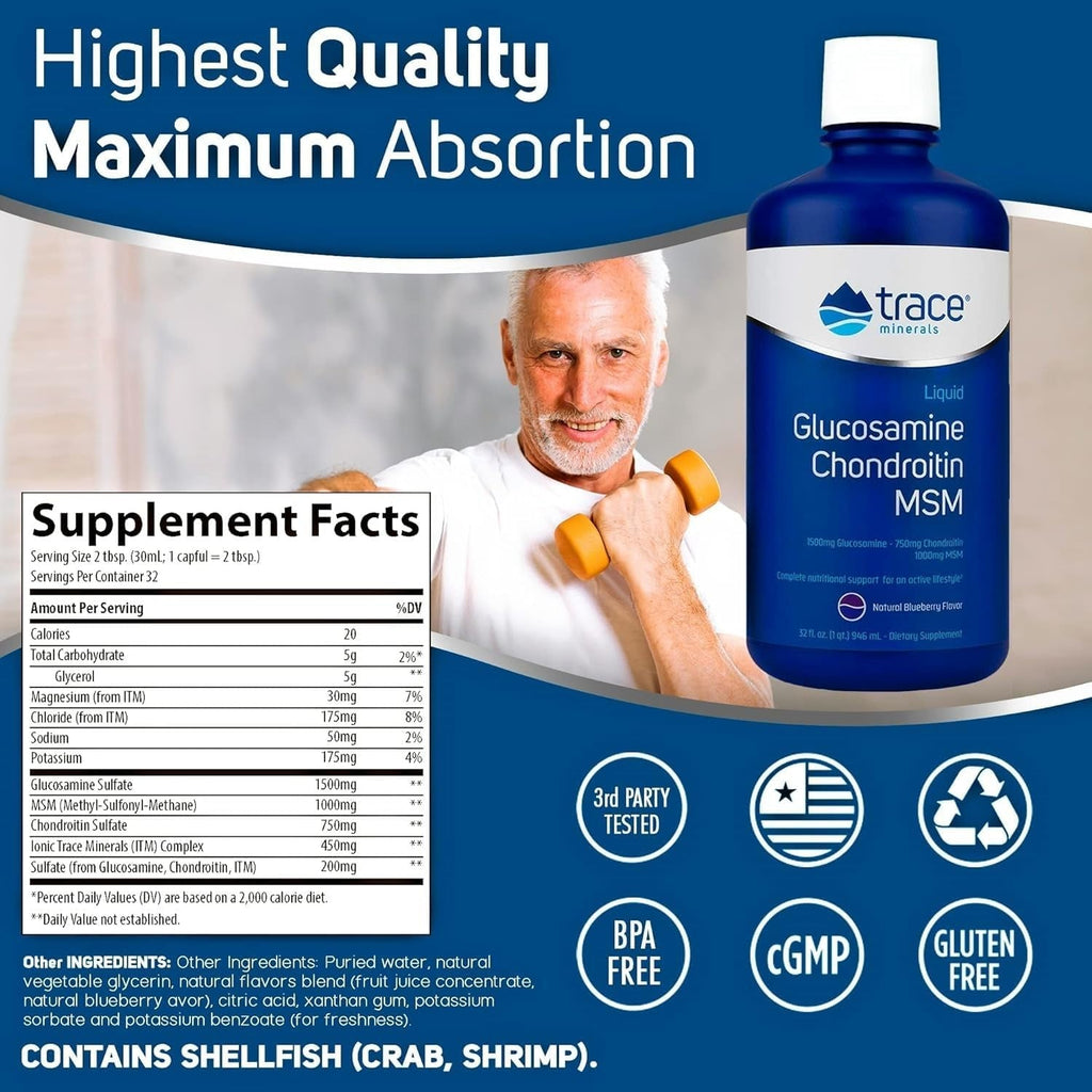 Trace Minerals | Liquid Glucosamine Chondroitin MSM | Complete Dietary Supplement for Active Lifestyle | Supports Joints, Cartilage and Mobility | Natural Blueberry Flavor | 32 Servings, 32 Fl Oz