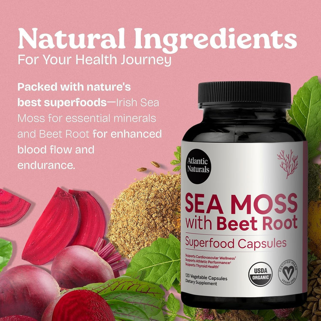 Atlantic Naturals Sea Moss with Beet Root Capsules - Premium Quality Multivitamin Supplement - Sea Moss Superfood to Support Immune Health, Blood Flow, Joint Health & Athletic Performance - 120 Ct
