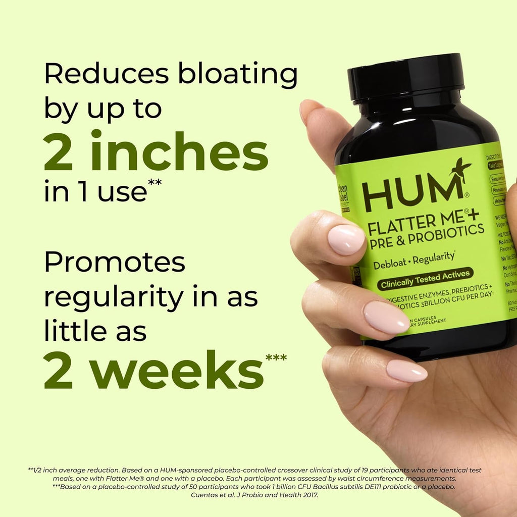 HUM Flatter Me Digestive Enzymes plus Prebiotics & Probiotics, Digestive Health Bloating Supplement for Women & Men, Fast Acting anti Bloat Pills Multi Enzyme for Debloating, Vegan, 60 Capsules
