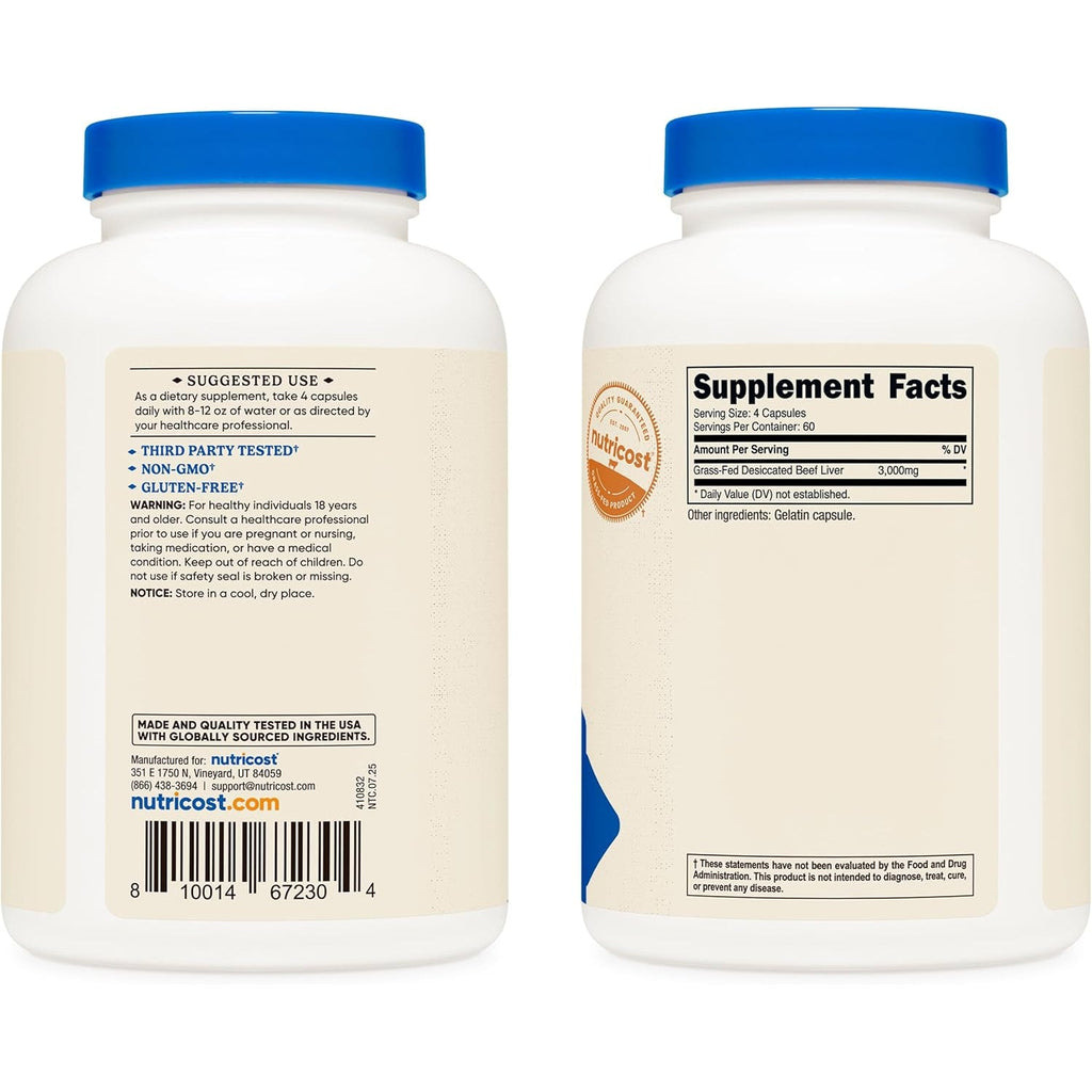 Nutricost Grass Fed Desiccated Beef Liver Capsules 3000Mg per Serv (750Mg per Cap), 240 Cap for 60 Servings - No Hormones, GMO and Gluten Free, Pasture-Raised, Free Range Beef