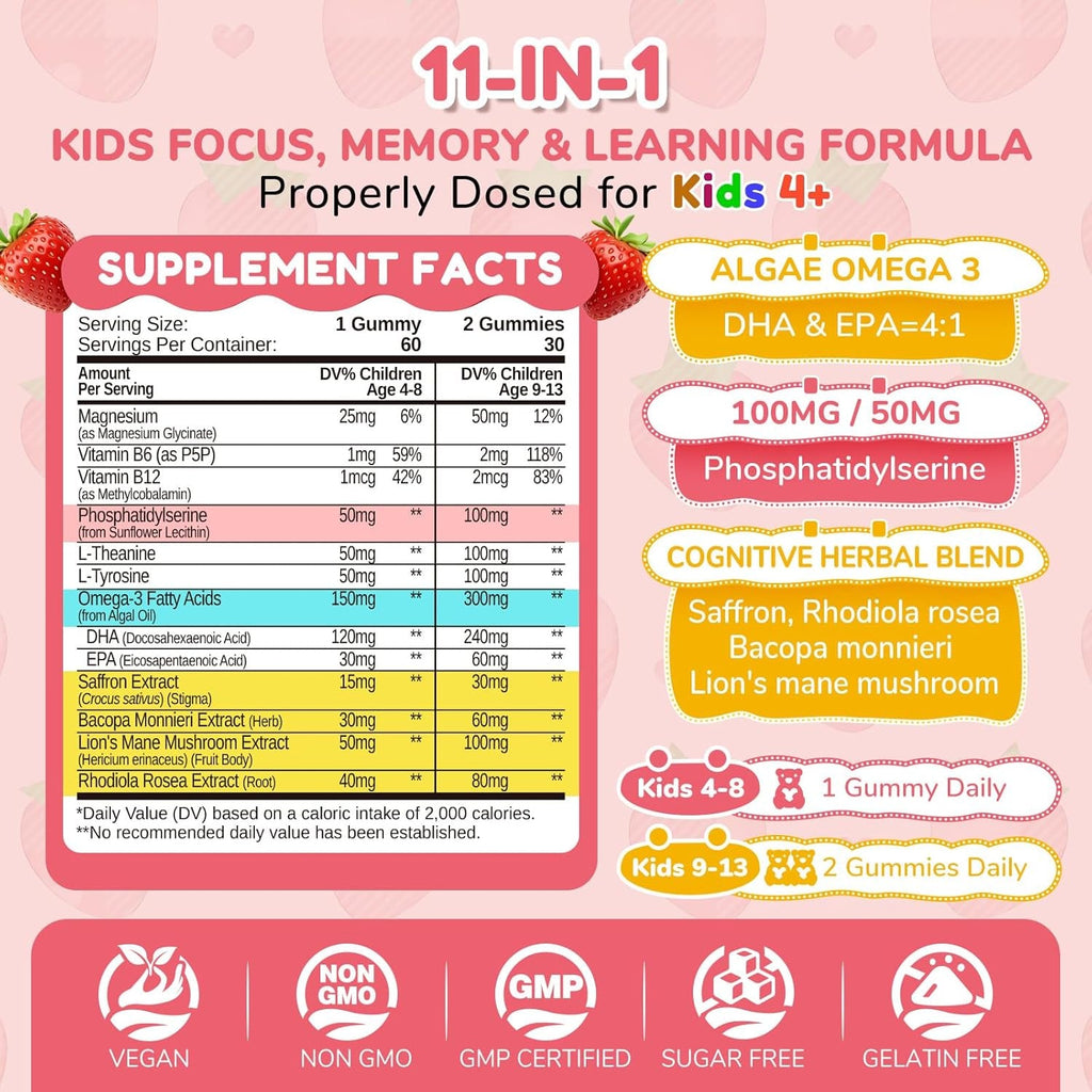 Focus Gummies for Kids, Brain Supplements with Phosphatidylserine, Omega-3 & Saffron, for Kids Memory, Focus & Attention Support, Sugar Free, Vegan, Strawberry Flavor, 60 Chewable