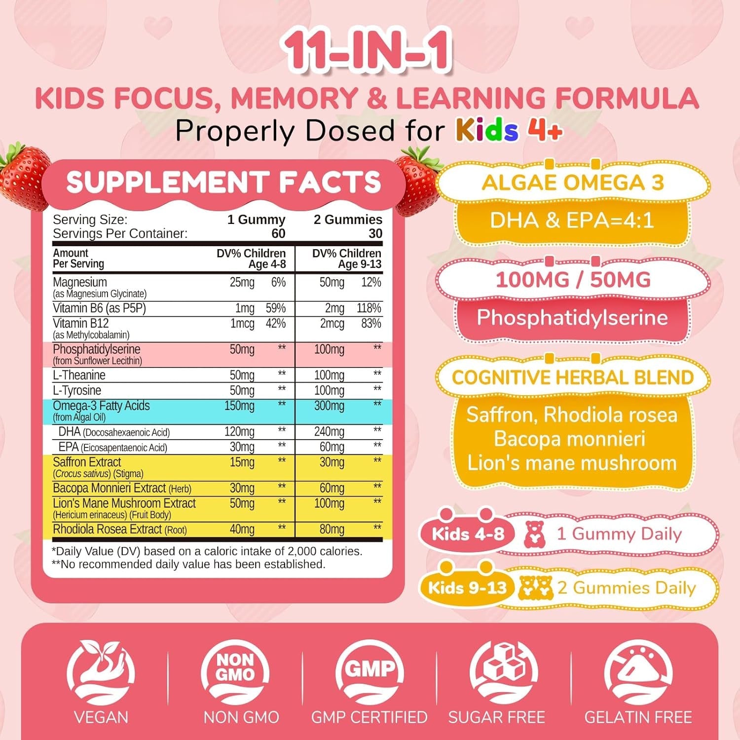 Focus Gummies for Kids, Brain Supplements with Phosphatidylserine, Omega-3 & Saffron, for Kids Memory, Focus & Attention Support, Sugar Free, Vegan, Strawberry Flavor, 60 Chewable