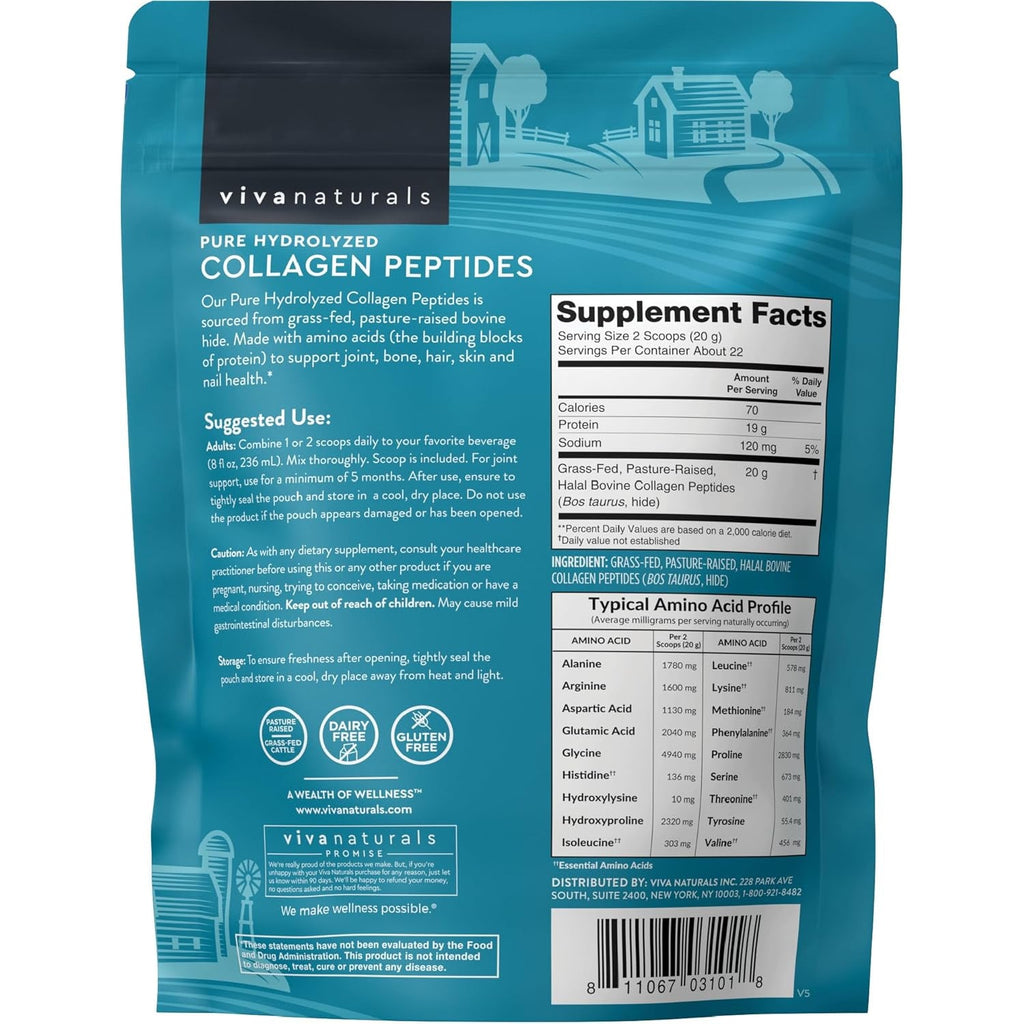 Viva Naturals Collagen Peptides Powder - Grass-Fed Hydrolyzed Bovine, Type I & III - 19 G Protein, Unflavored, Easy Dissolving - Joint, Skin, Hair & Nail Support - Paleo, Keto, Non-Gmo - 1Lb
