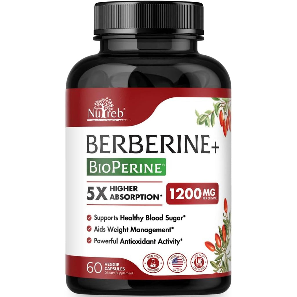 Nutreb Berberine Supplement 1200Mg - 5X Higher Absorption - Ultra Pure 98% Berberine HCL - Healthy Weight Management, Immune Support - Non GMO, Manufactured in USA - 60 Vegan Capsules