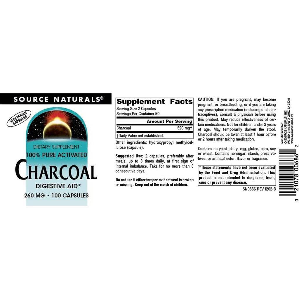 Source Naturals Charcoal - 100% Pure Activated, Digestive Aid - 100 Capsules