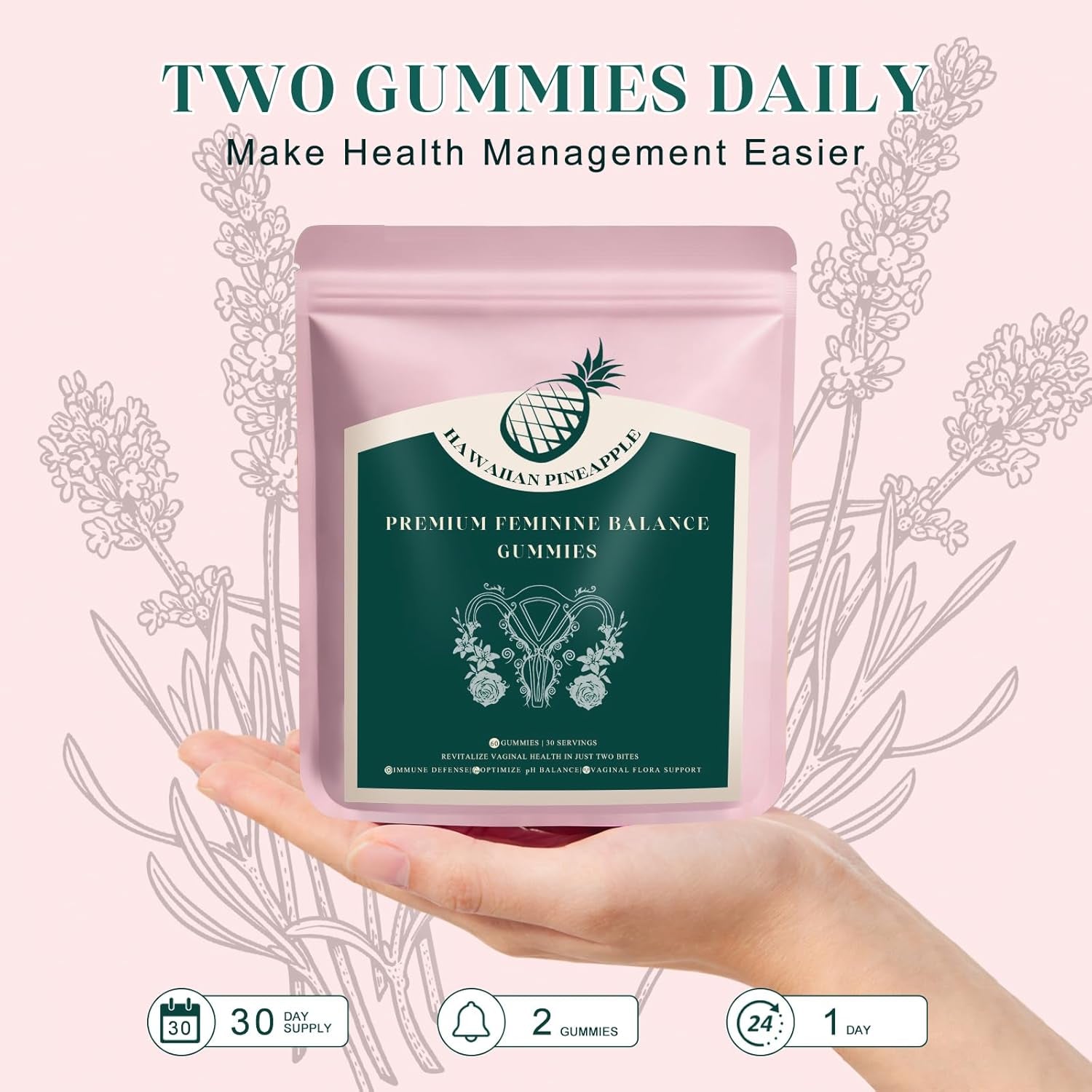 Premium Feminine Balance Gummies, Pineapple Vaginal Probiotics for Women, Ph Balance Feminine Gummies for Immune Support, Vegan & Gluten Free, 60 Count (30 Servings)