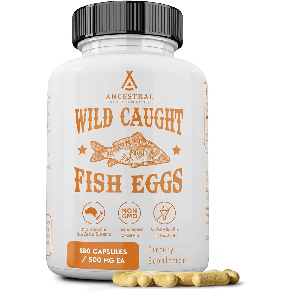Ancestral Supplements Wild Caught Fish Eggs, 2400Mg, Omega-3 Supplement Supports Brain, Heart, Fertility and Inflammatory Health, Whole Food Source of Vitamin D, K2, and A, Non-Gmo, 180 Capsules