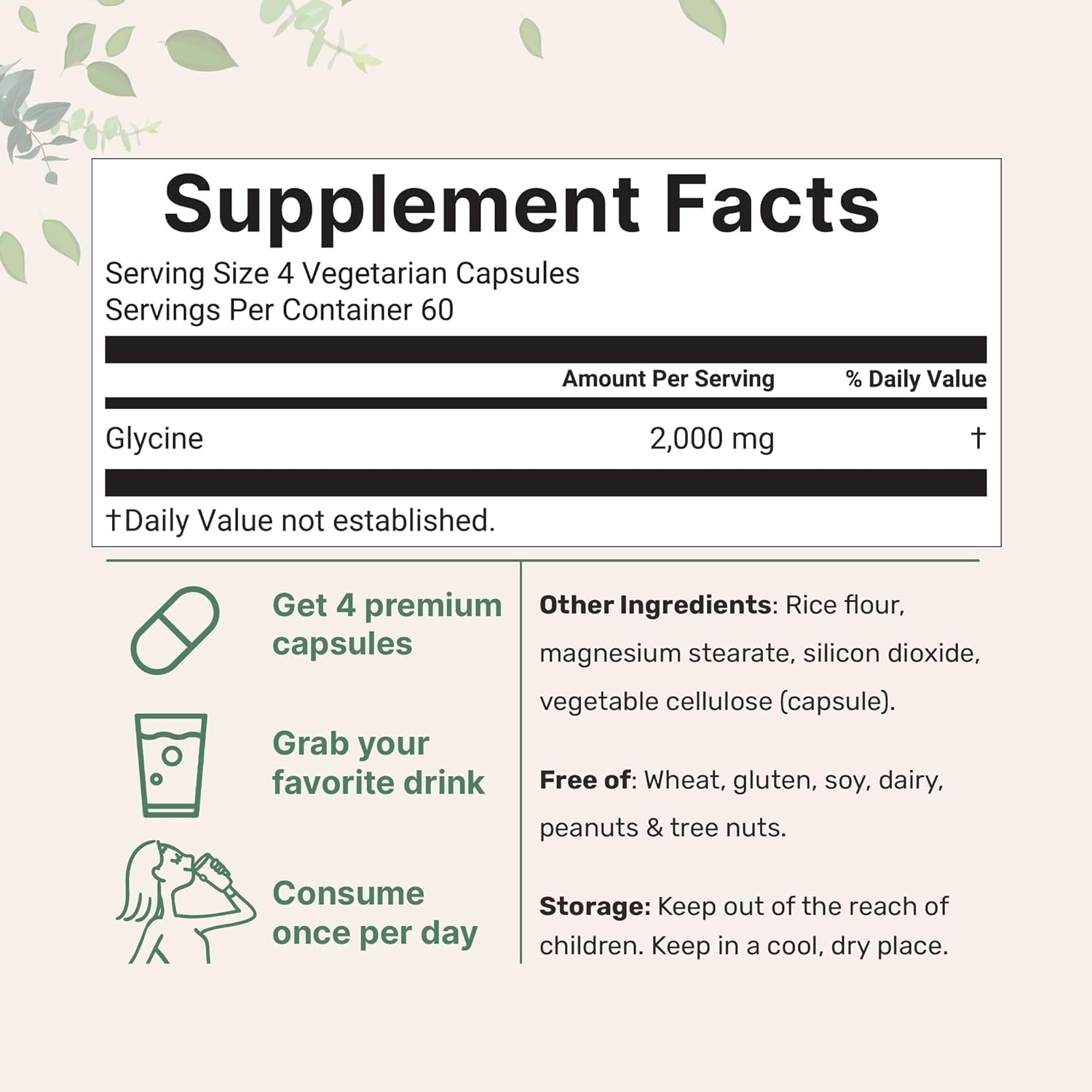 Glycine 2,000Mg per Serving, 240 Veggie Capsules | Free Form | Double Strength Amino Acids | Restful Sleep and Neurotransmitter Support Supplements | Non-Gmo, Gluten Free