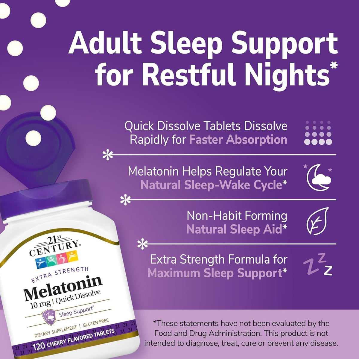 21St Century Melatonin 10Mg Extra Strength, 120 Count, Quick Dissolving Sleep Aid for Adults, Promotes Relaxation and Restful Sleep, Non-Habit Forming, Gluten-Free, Cherry Flavor