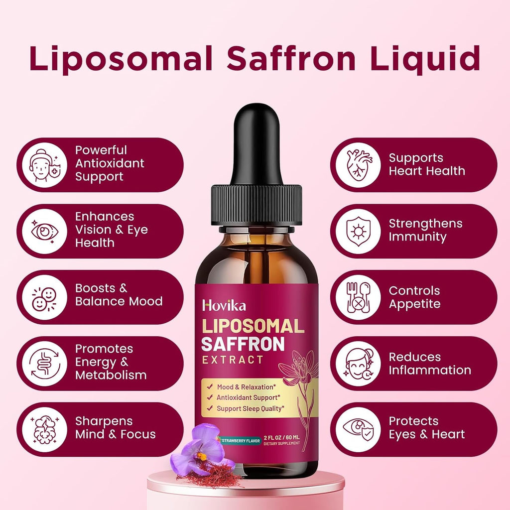 2 Pack Liposomal Saffron Supplements - 88.5Mg Saffron Extract Liquid Drops with L-Theanine, Chamomile, Vitamin C, B6, B12 & D3 for Antioxidant, Immune, Mood, Energy, Focus & Sleep - Strawberry Flavor