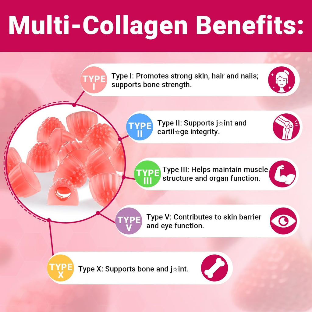 Collagen Gummies for Women, Sugar-Free Hydrolyzed Collagen Gummy with Type I, II, III, V, X Collagen Peptides, Biotin, Hyaluronic Acid & Multivitamins, Promote Skin/Hair/Nail/Bones, 120 Cts