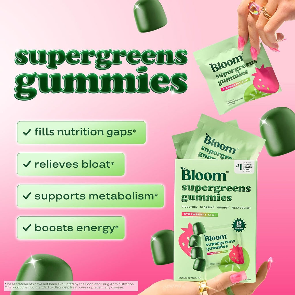 Bloom Super Greens Gummies, Daily Greens Superfood Fiber Gummies with Fruits, Vegetables, Vitamins & Minerals for Digestive & Gut Health, Bloating Support, Strawberry Kiwi, 12 Servings (48 Total)