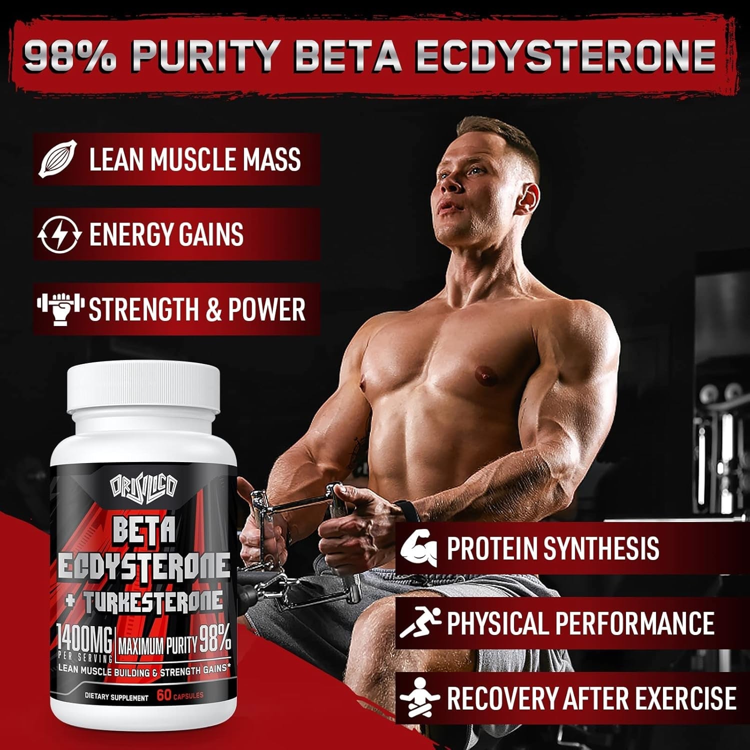 1400Mg Beta Ecdysterone and Turkesterone Supplements, Maximized 98% Beta Ecdysterone & 20% Turkesterone Extract for Muscle Mass,Strength, Protein Synthesis, 60 Capsules