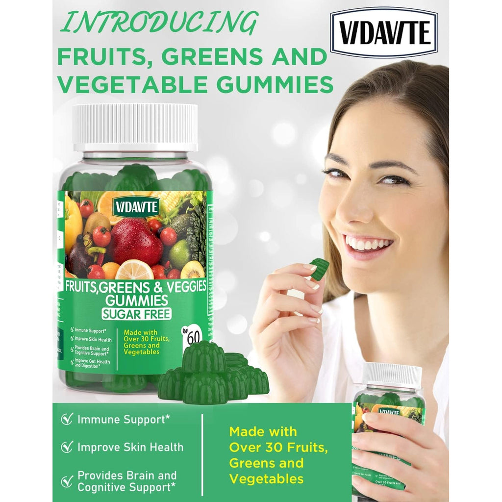 VIDAVITE Sugar-Free Super Greens Gummies — Us-Made, 35+ Fruit and Veggie Gummies to Boost Immunity, Skin & Gut Health — Ideal Fruits and Vegetables Supplement for Adults & Picky Teens (30-Days Supply)