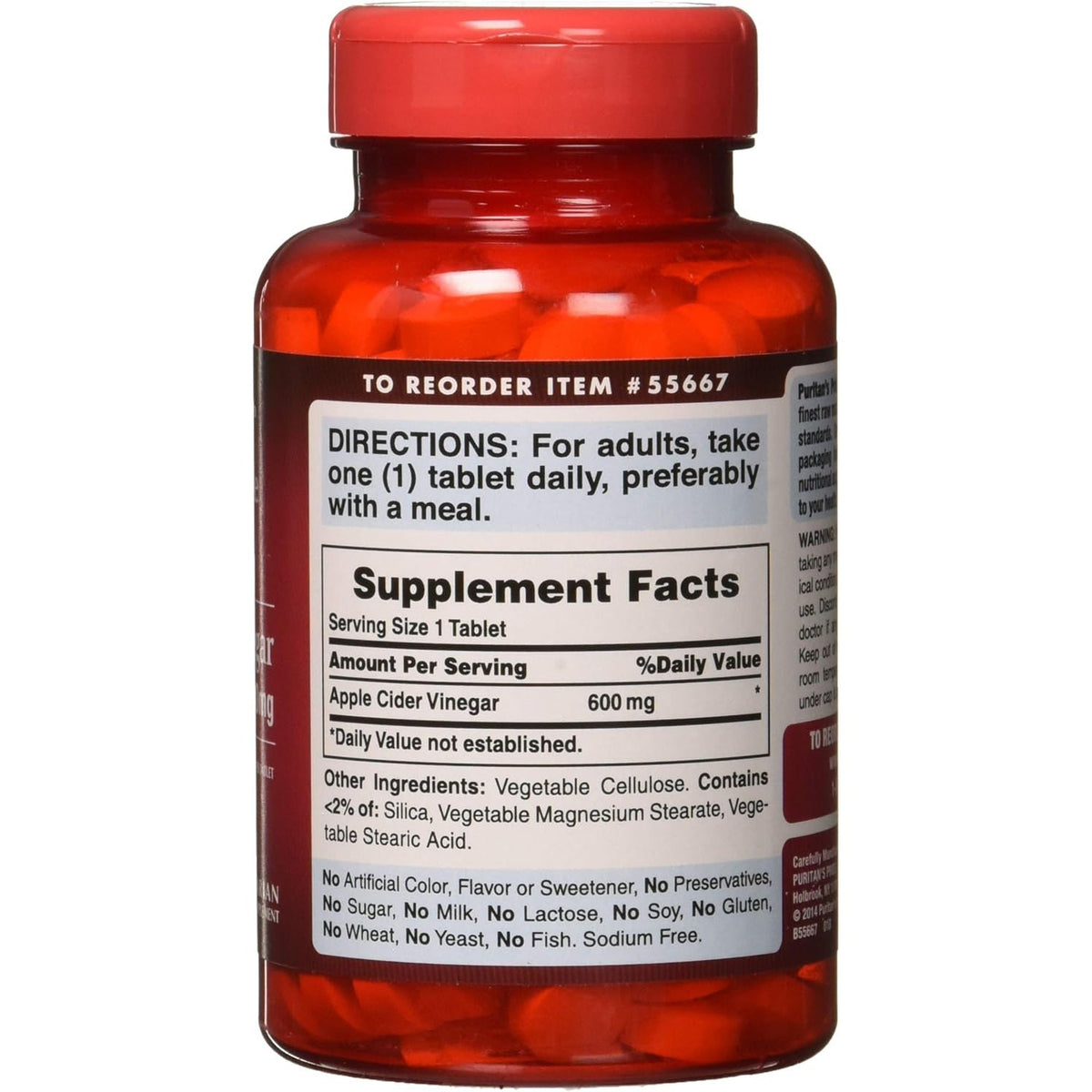 Puritan'S Pride Apple Cider Vinegar 600 Mg, Vegetarian Dietary Supplement, 6 Month Supply, 200 Tablets (Packing May Vary)