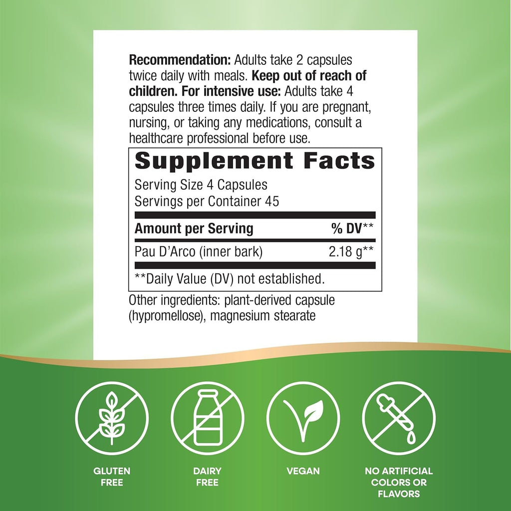 Nature'S Way PAU D'Arco Inner Bark, Traditional South American Herb, 2,180 Mg per 4-Capsule Serving, Non-Gmo Project Verified, 180 Capsules (Packaging May Vary)