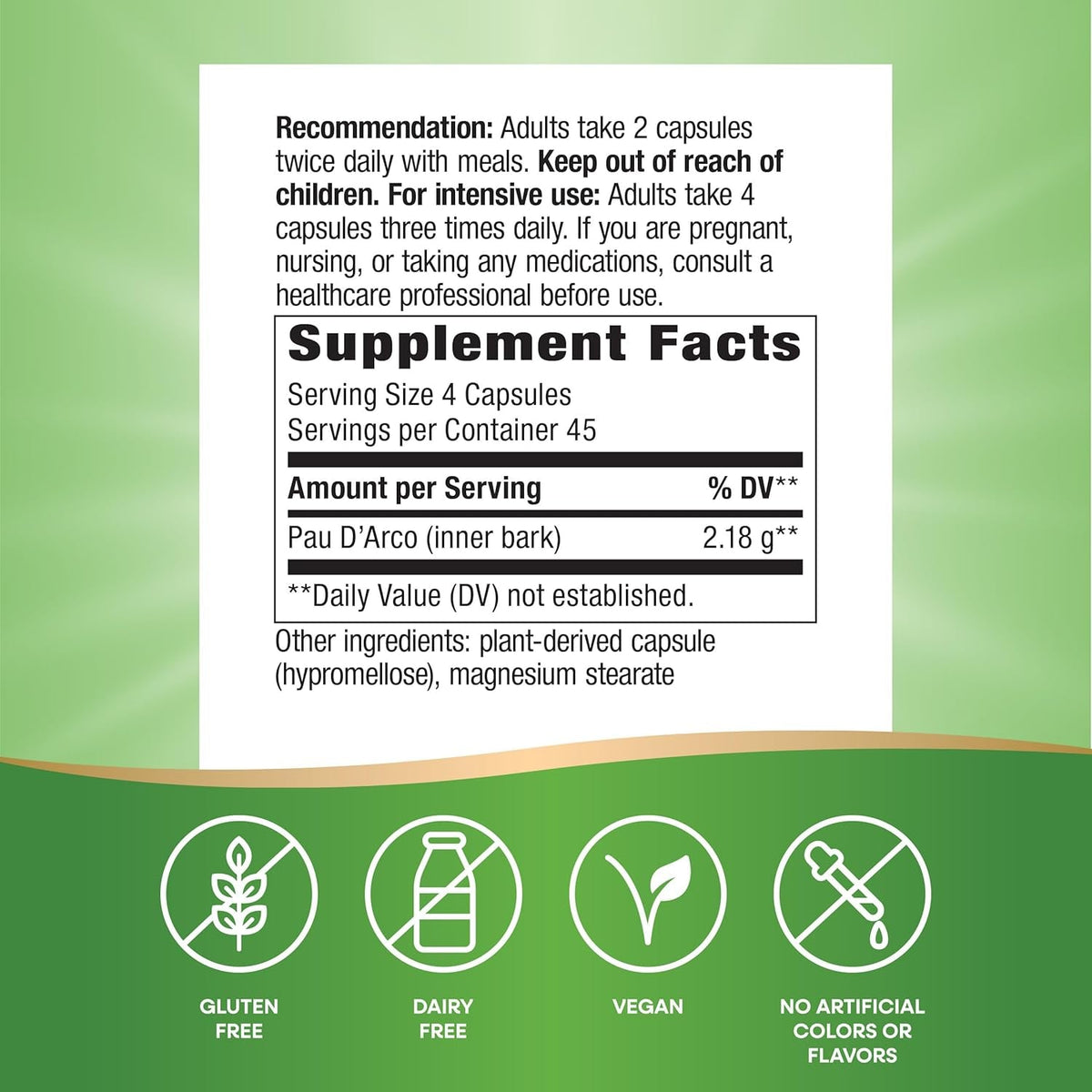Nature'S Way PAU D'Arco Inner Bark, Traditional South American Herb, 2,180 Mg per 4-Capsule Serving, Non-Gmo Project Verified, 180 Capsules (Packaging May Vary)
