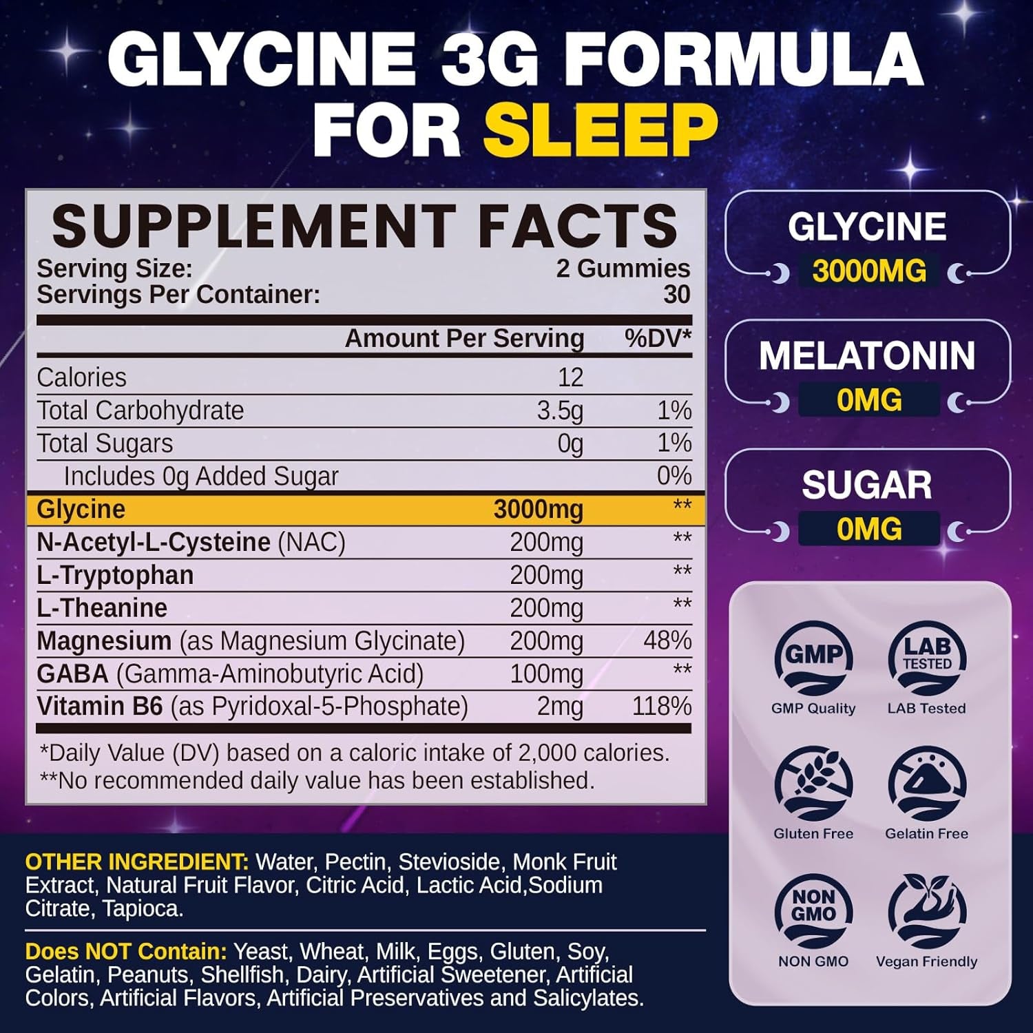 Glycine Gummies for Sleep, Glycine 3G Supplements with NAC, Magnesium Glycinate, L-Theanine, GABA, L Tryptophan, B6 for Relax, Nerve & Brain, Melatonin Free, Sugar Free, Vegan, Blueberry Flavor, 60 Ct