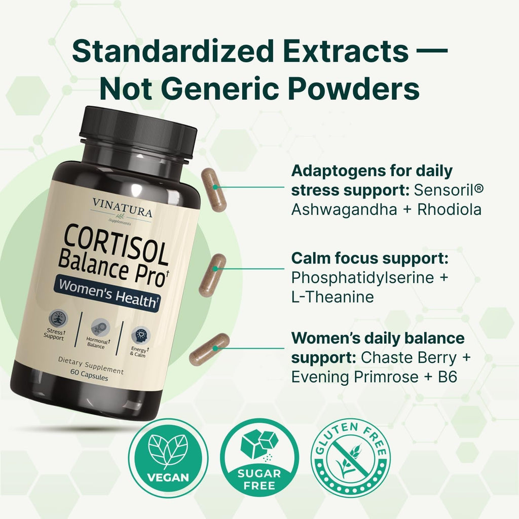 VINATURA Cortisol Supplements for Women - Cortisol Detox and Management - Adrenal Support, Stress Support, 60 Vegan Capsules