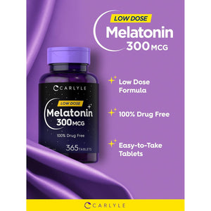 Carlyle Melatonin 300 Mcg | 365 Tablets | Low Dose | Vegetarian, Non-Gmo, Gluten Free