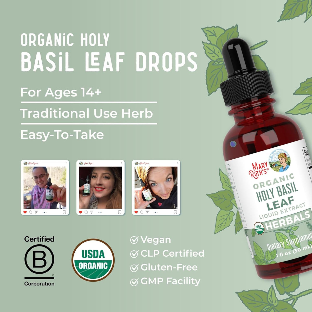 MARYRUTH'S Organics Holy Basil Sugar Free | Tulsi Holy Basil Herbal Liquid Drops | Antioxidant | Cognitive Function | Digestive Support | Energy Levels | Vegan | Non-Gmo | 1 Fl Oz