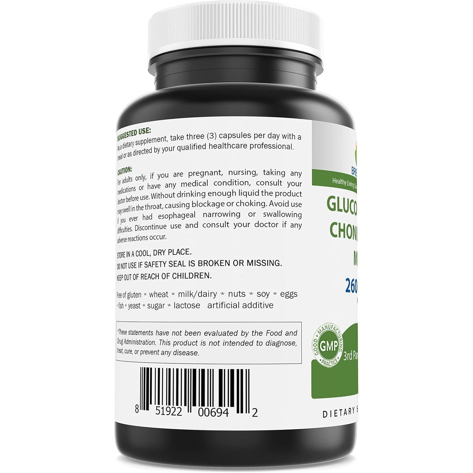 Brieofood Triple Strength Glucosamine Chondroitin MSM 2600Mg/Serving Capsules, Supports Healthy Joint, Cartilage and Connective Tissue - Promotes Joint Comfort & Flexibility 180 Count