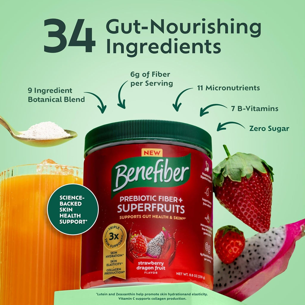 Benefiber Prebiotic GLP-1 Friendly Fiber + Superfruits Dietary Supplement, Strawberry Dragon Fruit Flavor, 8.8 Oz (250G)