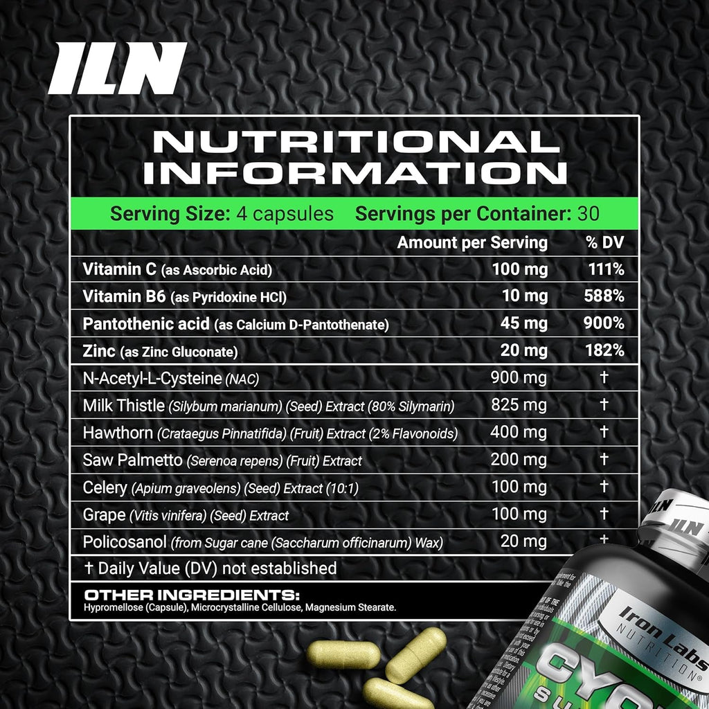 Iron Labs Nutrition: Cycle Support plus NAC (N-Acetyl-L-Cysteine) - on Cycle Support Supplements for Men - N Acetyl L Cysteine and Milk Thistle (120 Capsules)