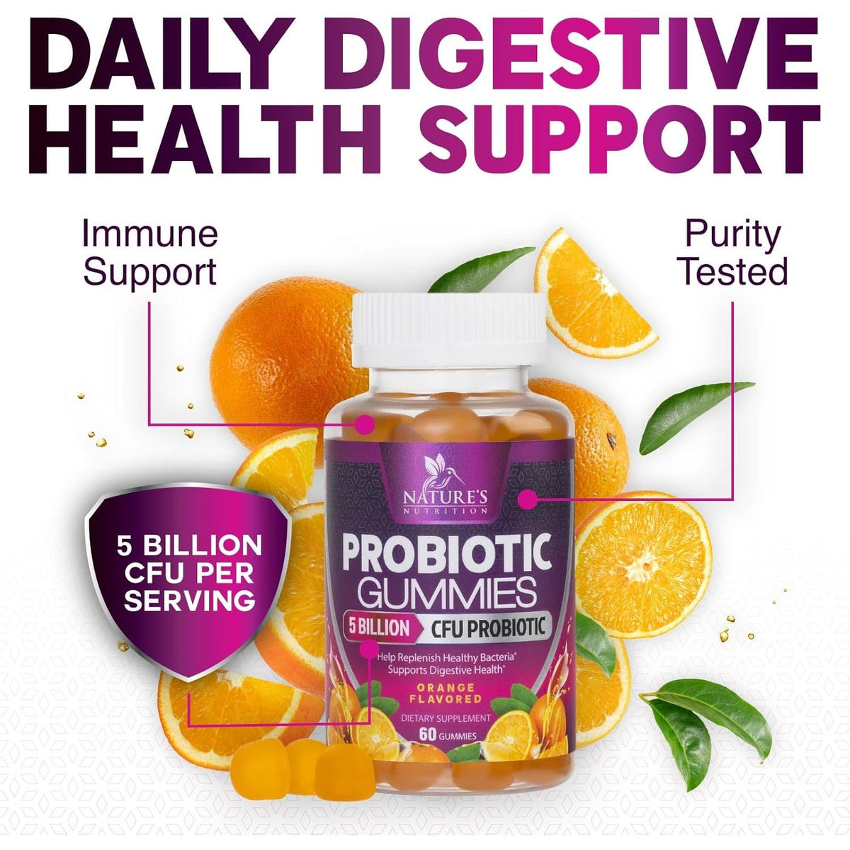 Probiotics for Digestive Health Gummies - 6 Unique Strains for Daily Immune Support & Gut Health, Supports Constipation, Gas & Bloating - Best Probiotic Supplement Gummy for Women & Men - 60 Gummies
