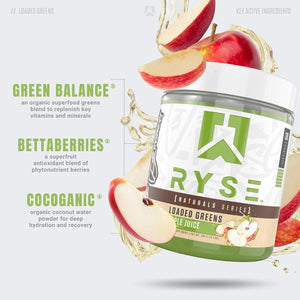 RYSE Loaded Greens Superfood Powder - Apple Juice - Daily Supplement with Greens Balance, Bettaberries & Sukre Fiber - Supports Digestion, Immunity & Energy - No Artificial Sweeteners - 30 Servings