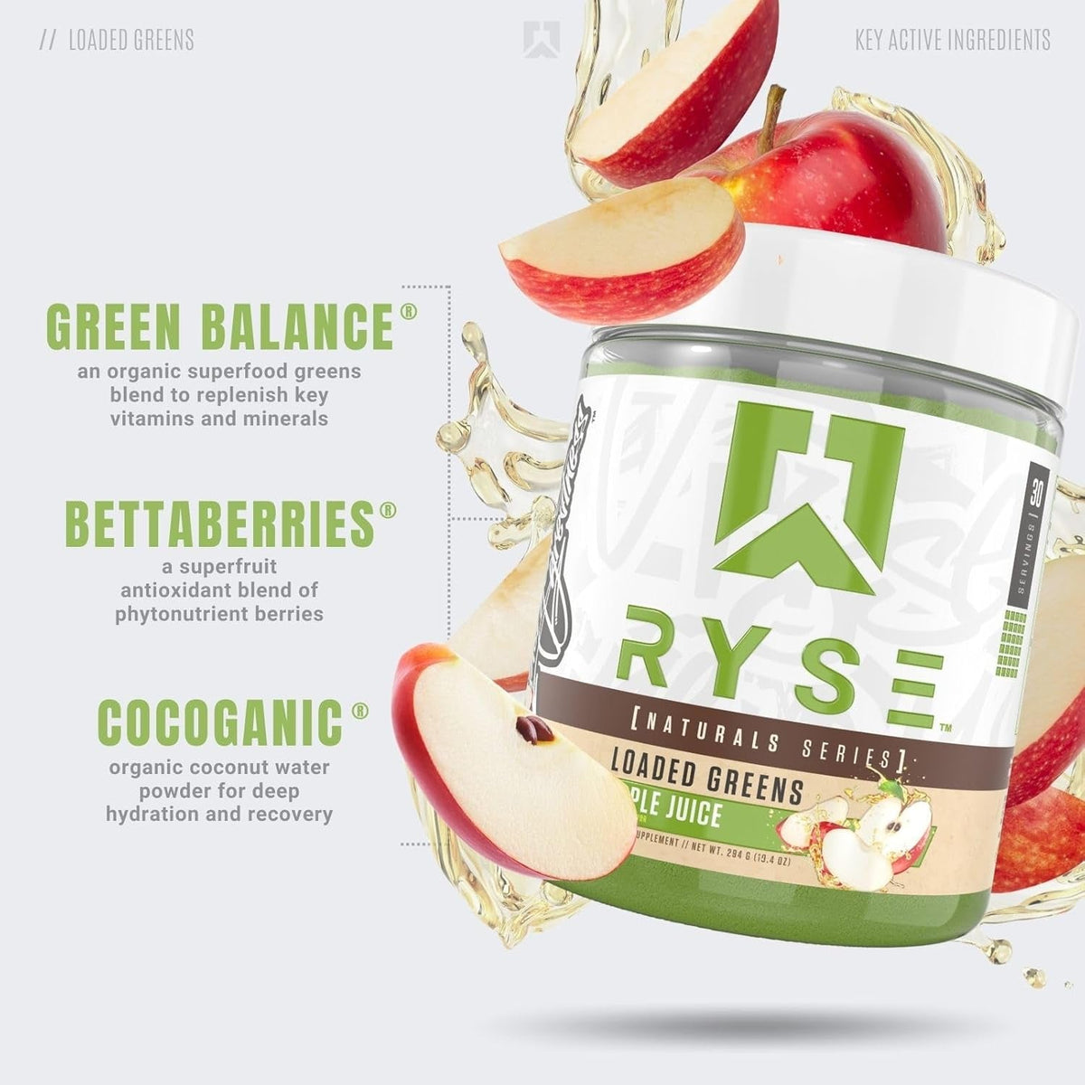 RYSE Loaded Greens Superfood Powder - Apple Juice - Daily Supplement with Greens Balance, Bettaberries & Sukre Fiber - Supports Digestion, Immunity & Energy - No Artificial Sweeteners - 30 Servings