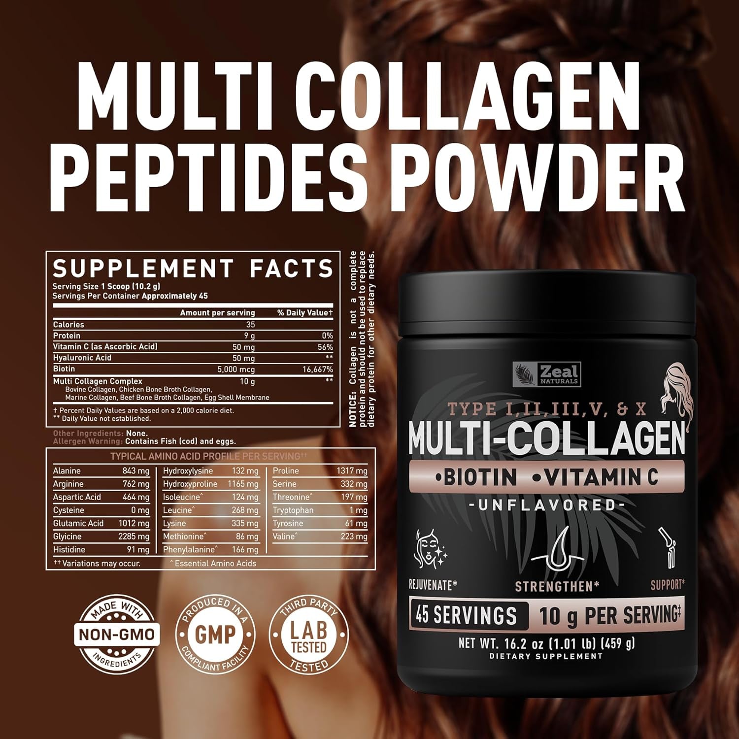 Zeal Naturals Multi Collagen Protein Peptides Powder Types I II III V X - Vitamin C, Biotin & Hyaluronic Acid - Hair, Skin & Nails - Marine, Bovine, Chicken & Eggshell - Unflavored, 45 Servings