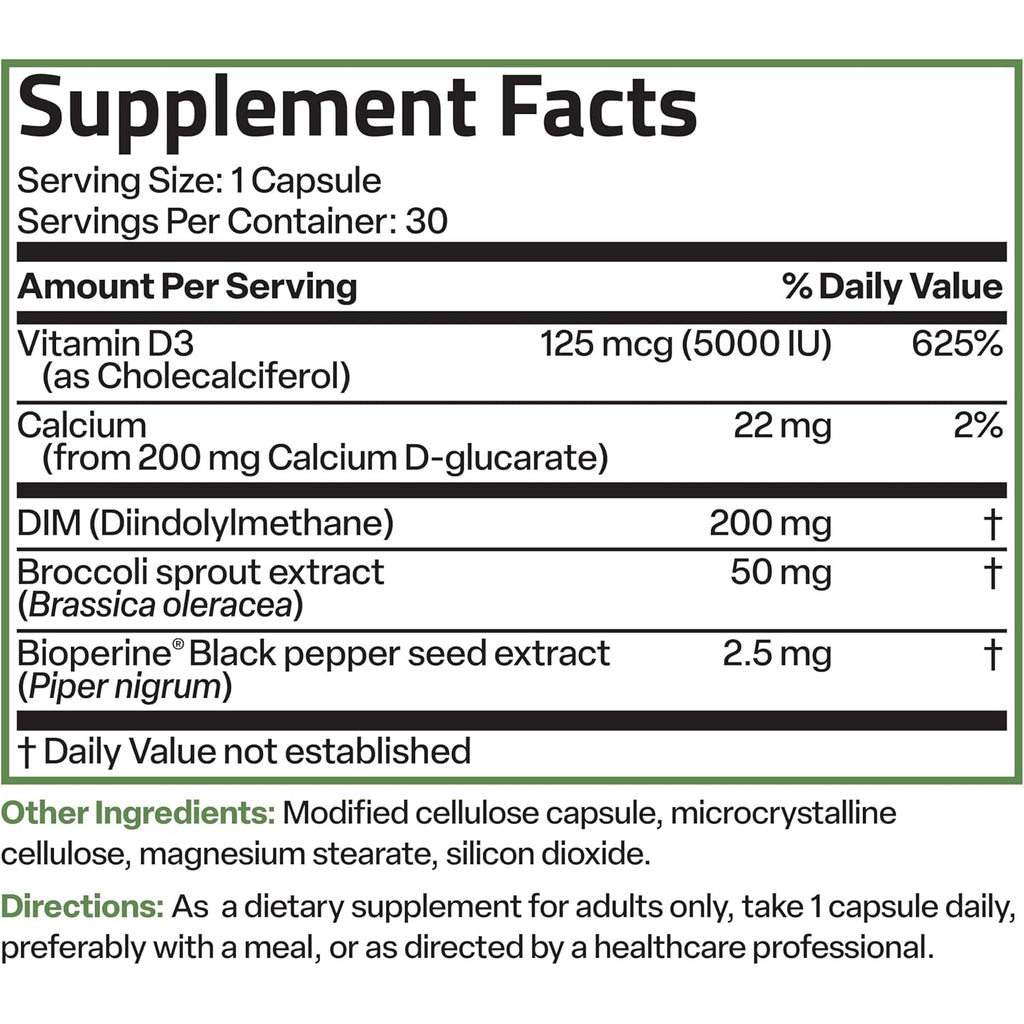 Bronson DIM Balance+ Calcium D-Glucarate, Broccoli Sprouts and Vitamin D3 200 MG of DIM per Capsule Supports Estrogen Metabolism and Balanced Hormone Levels Non-Gmo, 30 Vegetarian Capsules