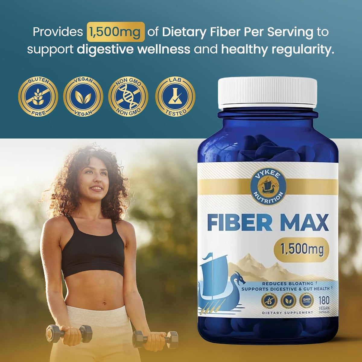 Vykee Nutrition Advanced Fiber Complex – Psyllium Husk, Aloe Vera, Chia & Flax Seed | Vegan, Non-Gmo | Supports Digestive Health, Regularity & Gut Wellness | 180 Capsules