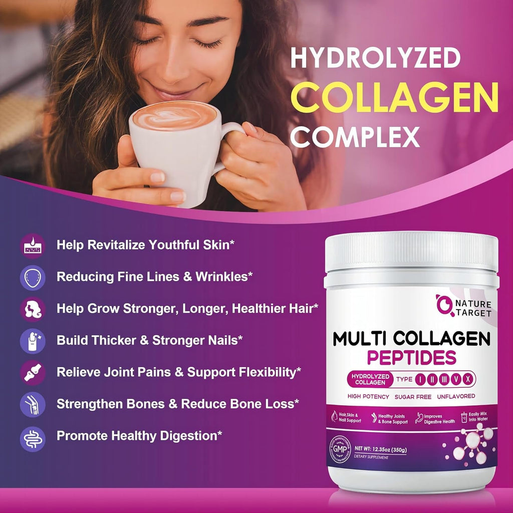 NATURE TARGET Multi Collagen Peptides Powder - Type I, II, III, V, X - Hydrolyzed Collagen Peptides with Vitamin C Hyaluronic Acid, Supports Skin Hair Nail & Joint, Grass-Fed, Non-Gmo, 35 Servings