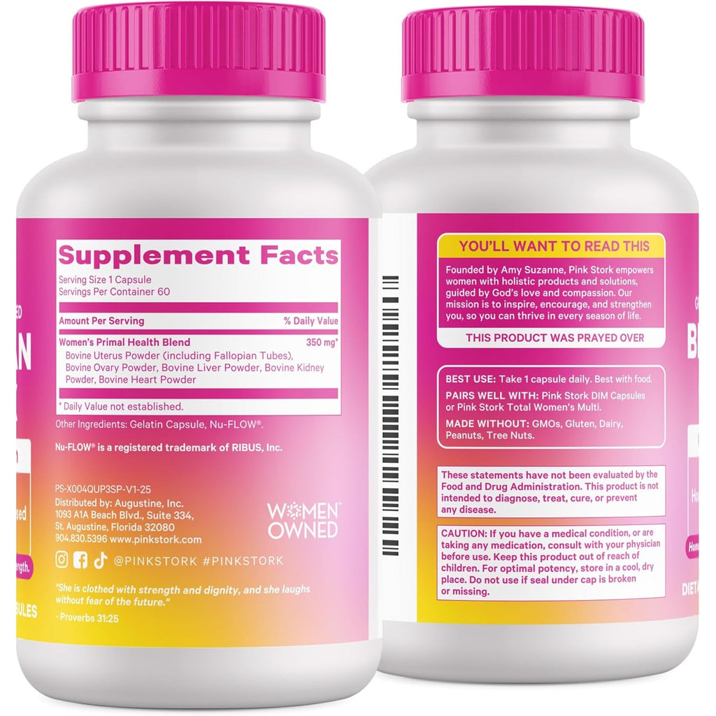 Pink Stork Beef Organ Supplement for Women | Grass-Fed Beef Liver Capsules with Iron, B12, Coq10, Vitamin a | Primal Multivitamin for Hormone + Energy Support | Clean Label Award Winner | 60 Capsules