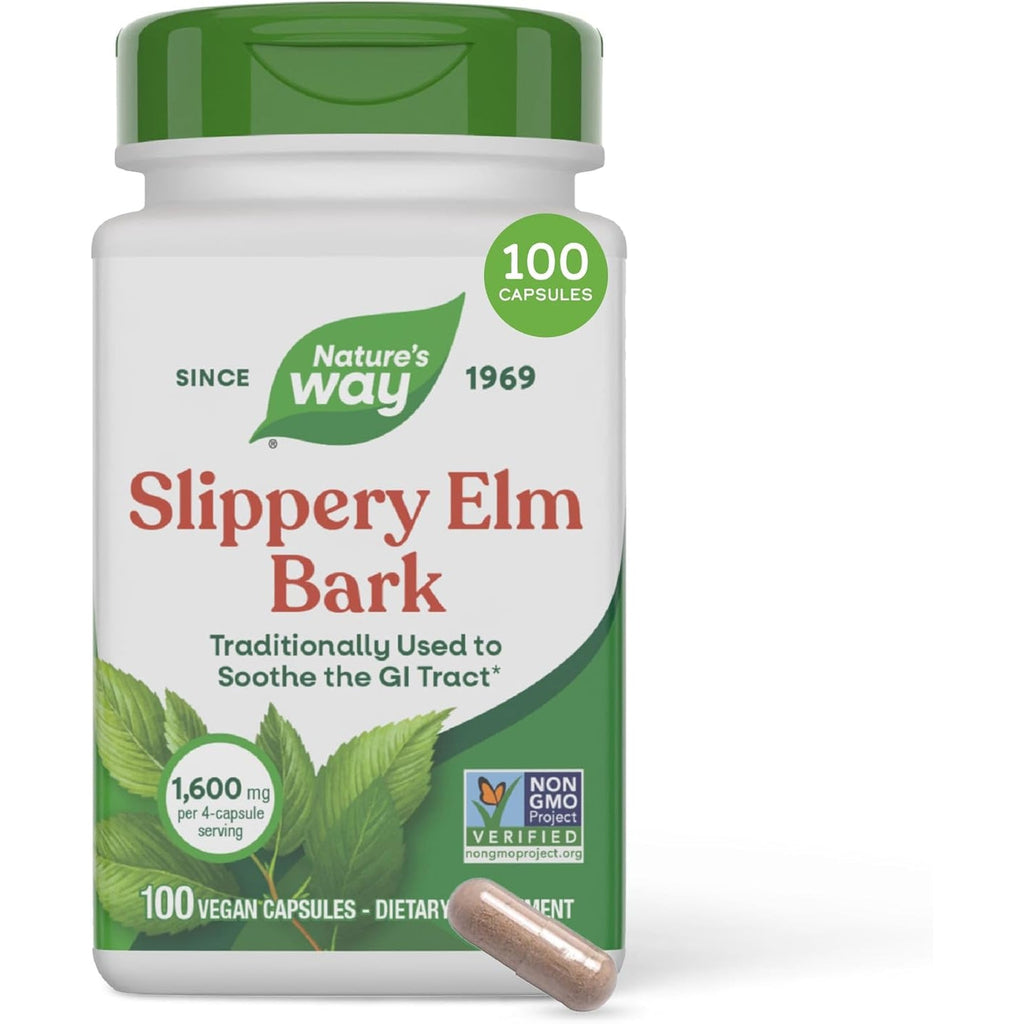 Nature'S Way Slippery Elm Bark Capsules, Traditional Digestive Support to Soothe Gastrointestinal Tract*, 1,600 Mg per 4-Capsule Serving for Traditional GI Support*, Vegan, 100 Capsules