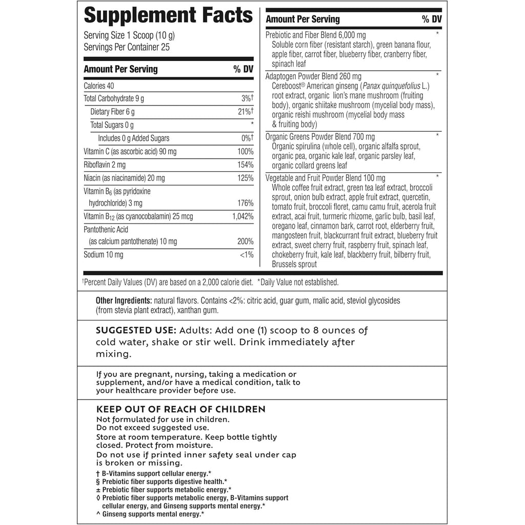 Benefiber Prebiotic GLP-1 Friendly Fiber + Supergreens Dietary Supplement Powder, Watermelon Lemonade Flavor, 8.8 Oz (250G)