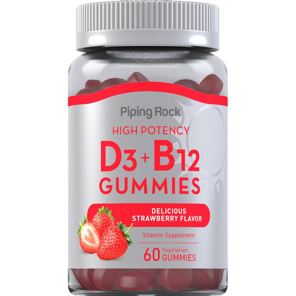 Piping Rock Vitamin D3 and B12 Gummies | 60 Count | Supplement for Women and Men | High Potency | Strawberry Flavor | Vegetarian, Non-Gmo, Gluten Free