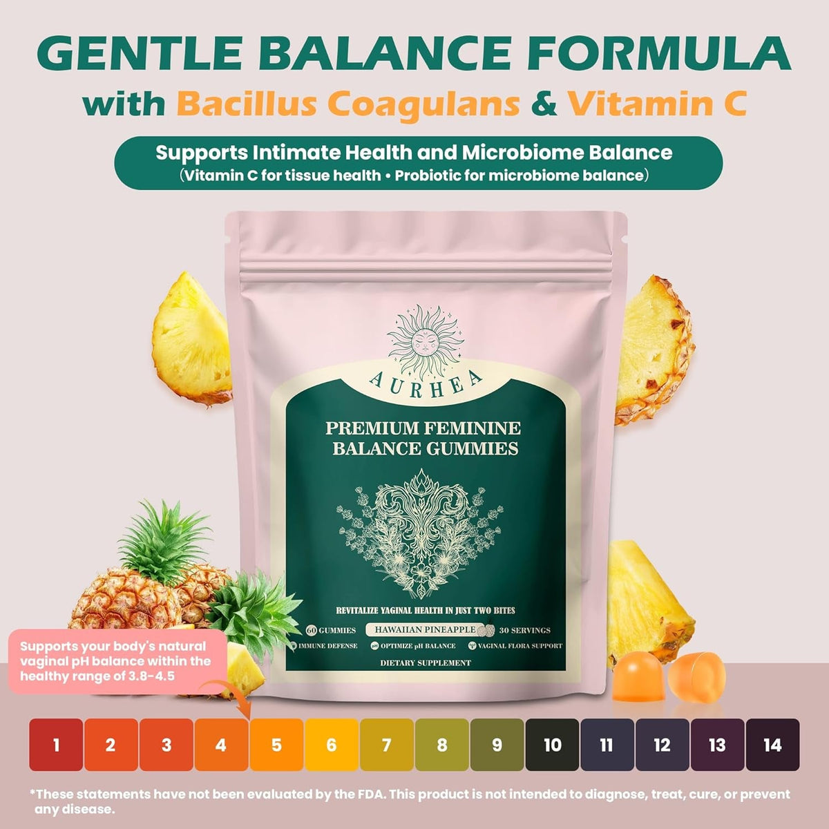 Premium Feminine Balance Gummies for Women - Ph Balance & Wellness Support with Hawaiian Pineapple, Vegan Gluten-Free Supplement - 60 Count