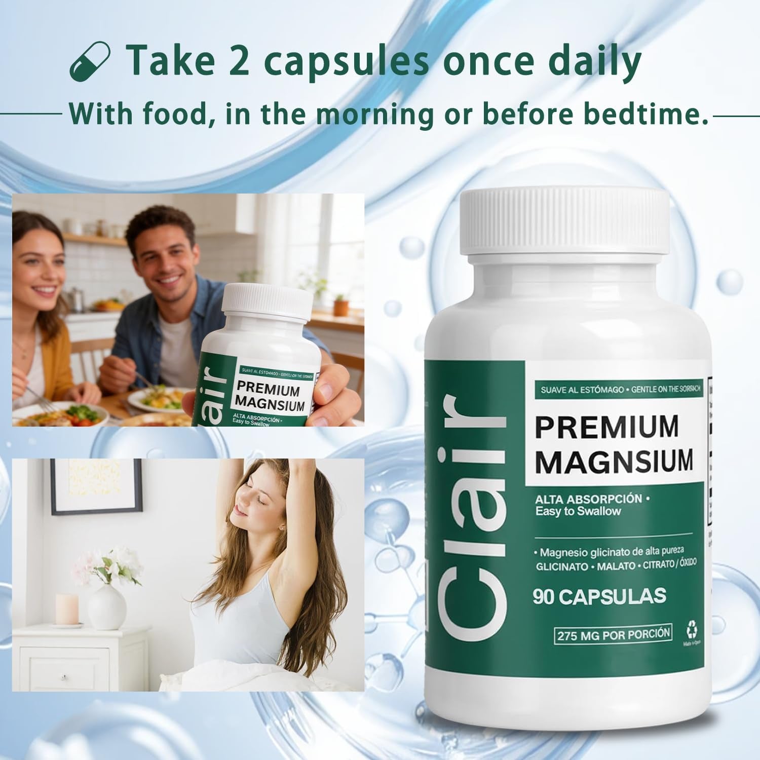 Clair Magnesio Premium, Premium Magnesium Glycinate, Non-Gmo Ingredients, Daily Routine, Vegan-Friendly 90 Capsules